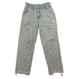 SO Women's Distressed Blue Denim High Rise Mom Jean Size 7/28W Paper Bag Waist